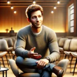 A man speaking animatedly in a cozy, warmly lit room.